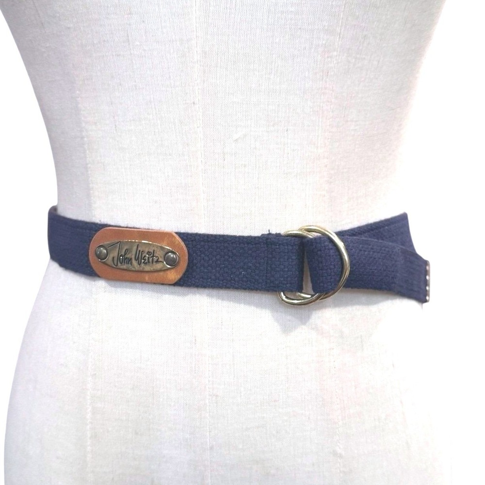John Weitz Vintage Navy Blue Woven Canvas D-Ring Belt Brass‎ Hardware 37" Unisex
